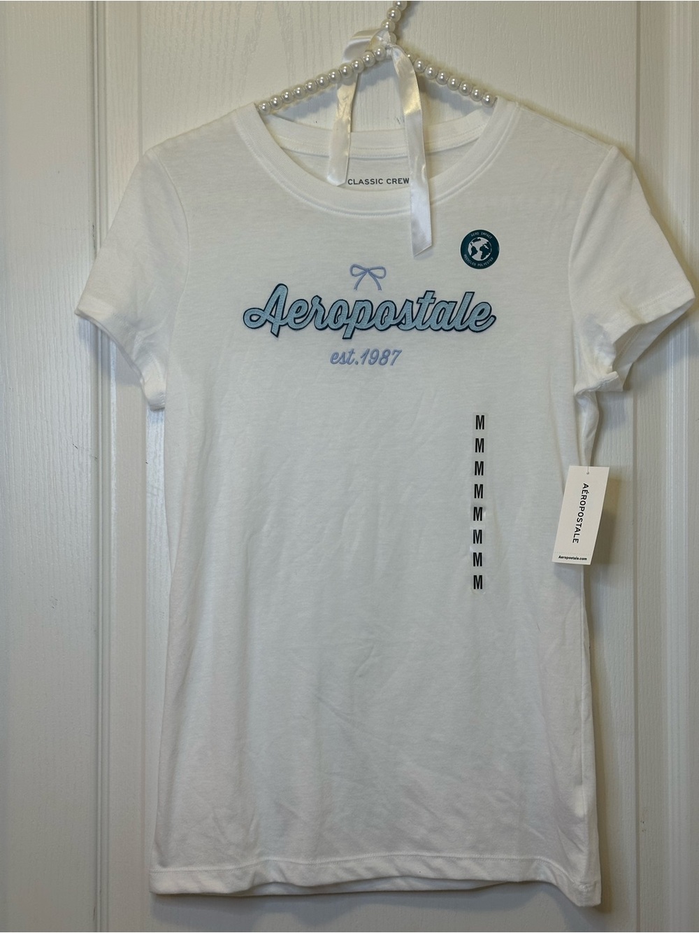 Aeropostale White Tee with Blue Script Logo and Emblem